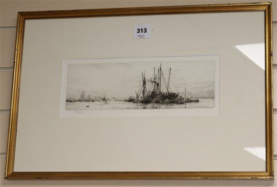 William Lionel Wyllie (1851-1931) Thames Estuary 4.25 x 13in.